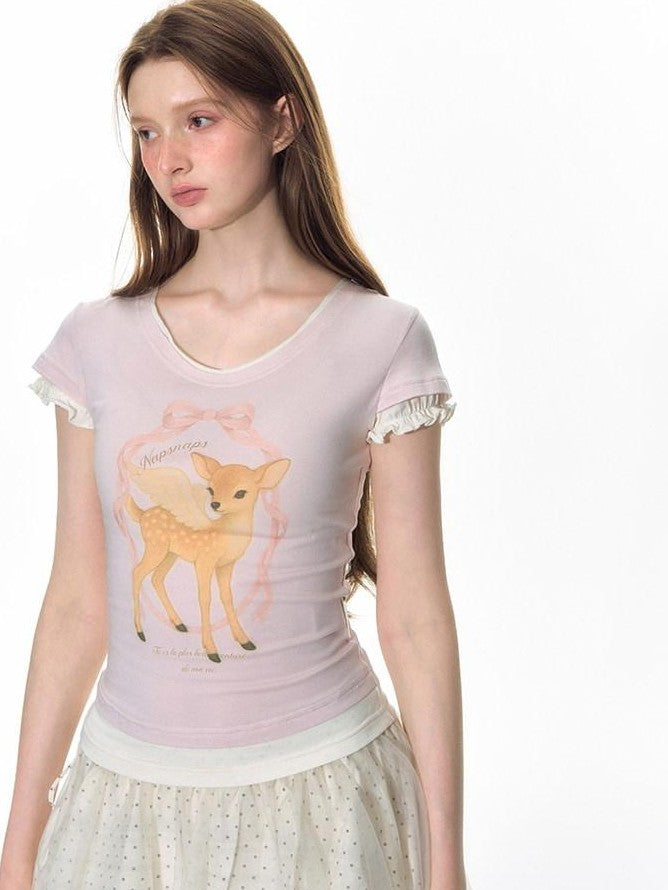 NAPSNAPS Pink Layered Look Deer Print Slim Women&
