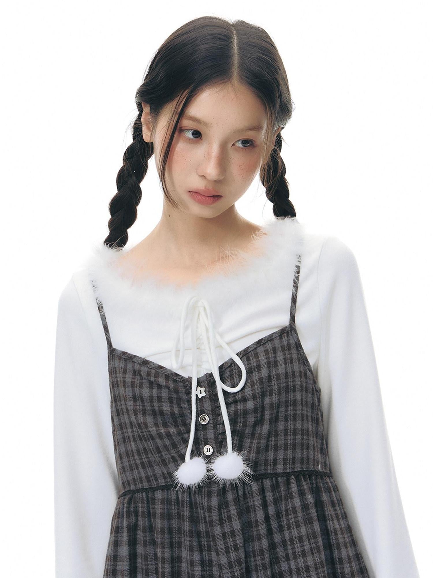 NAPSNAPS Plaid Button Ruching Ruffle Layered Women&