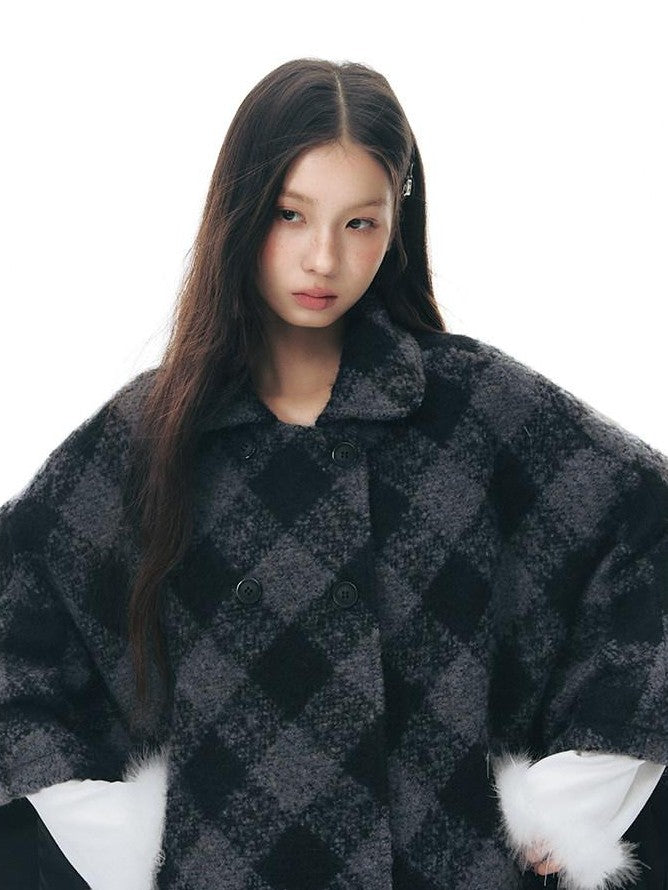 NAPSNAPS Plaid Detachable Fur Collar Double Breasted Lapel Women&