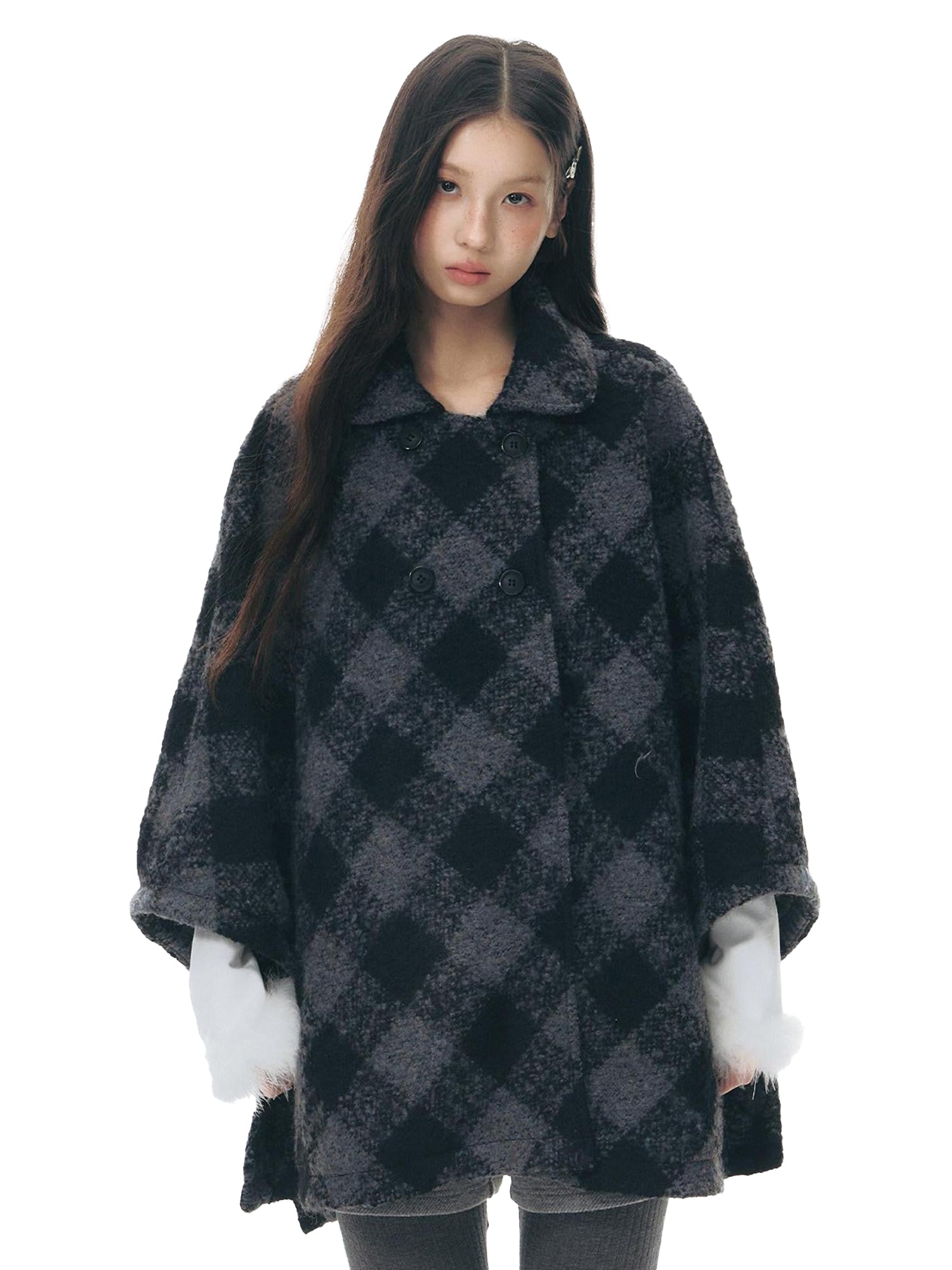 NAPSNAPS Plaid Detachable Fur Collar Double Breasted Lapel Women&