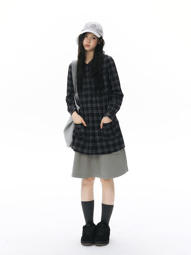 NAPSNAPS Plaid Embroidered Patch Pocket Mid Length Women&