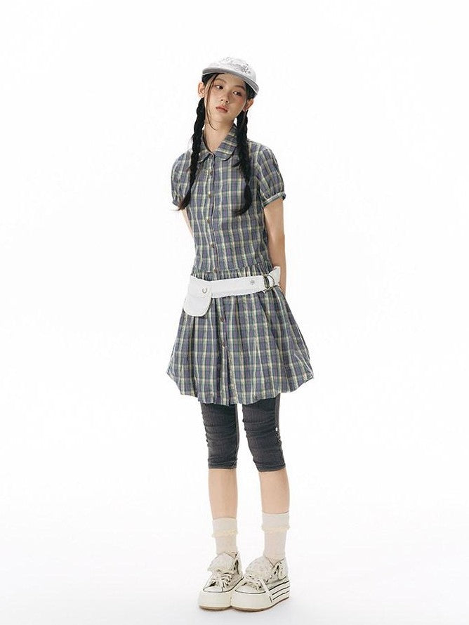 NAPSNAPS Plaid Embroidered Puff Sleeve Shirt Dress Women&