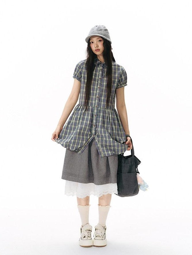 NAPSNAPS Plaid Embroidered Puff Sleeve Shirt Dress Women&