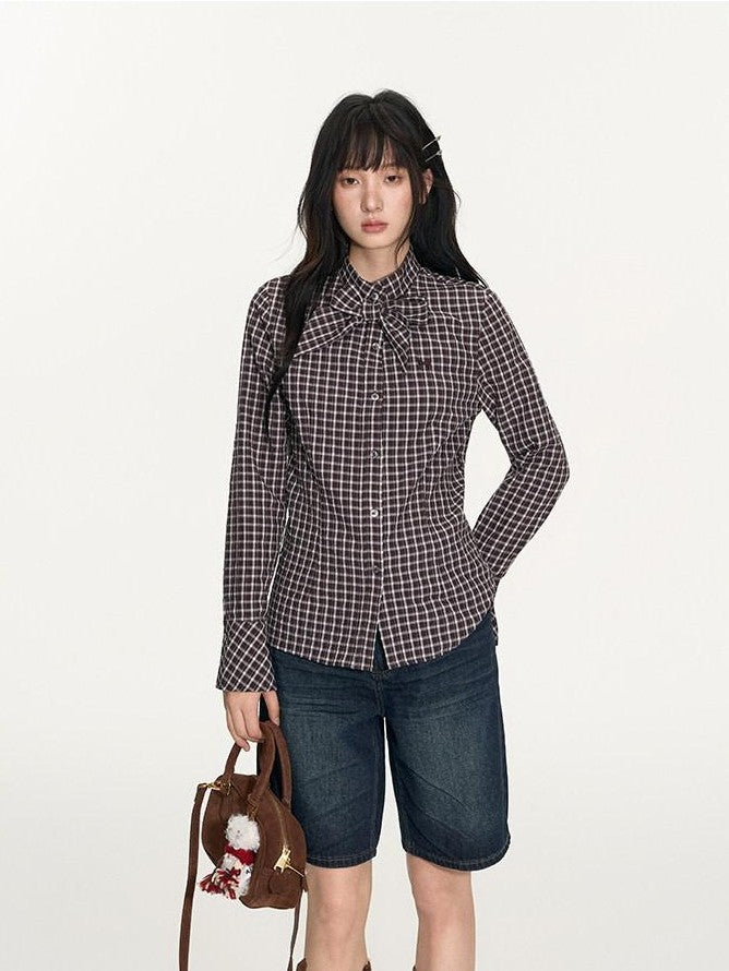 NAPSNAPS Plaid Embroidered Tie Collar Waist Cinched Women&