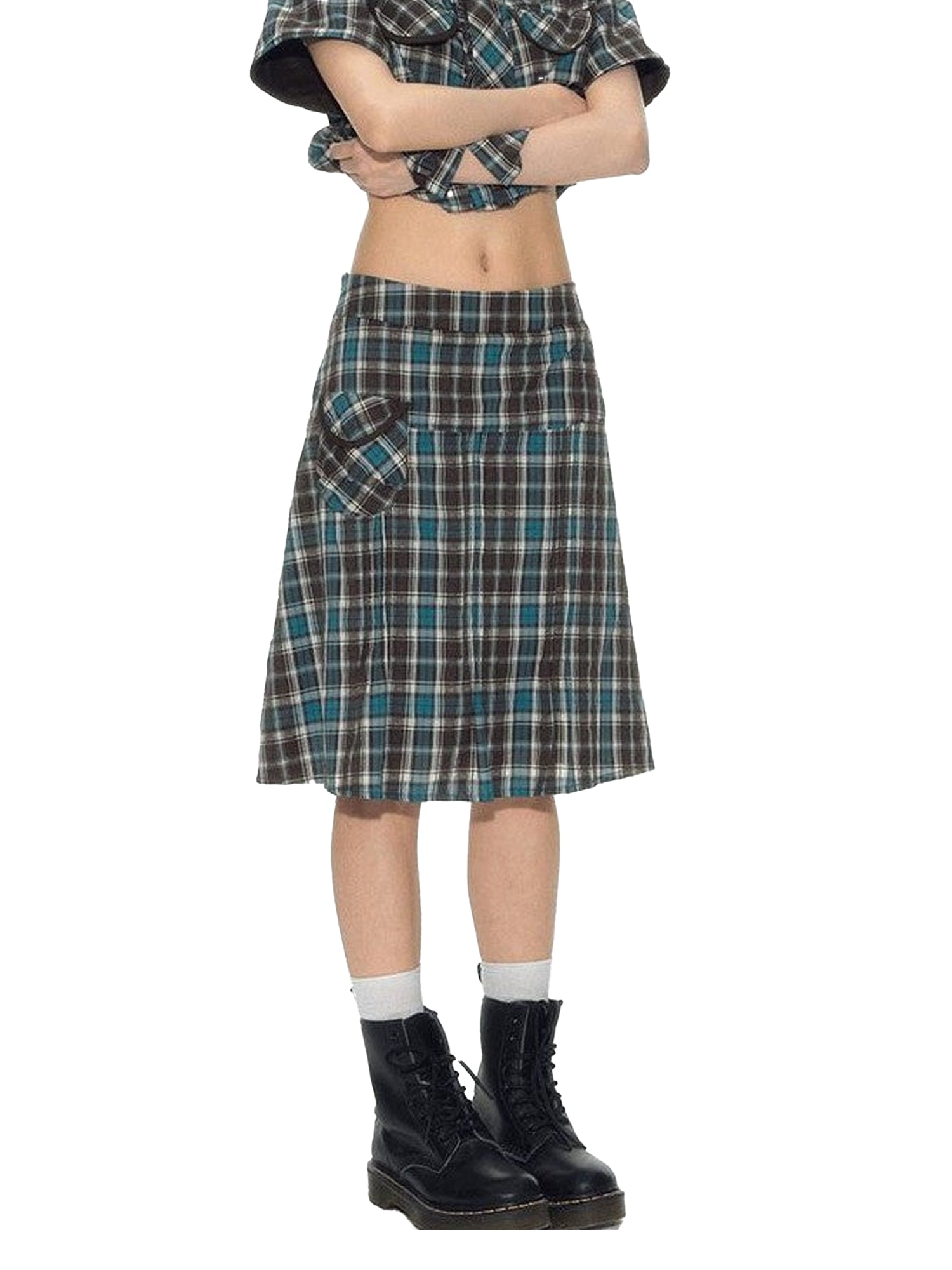 NAPSNAPS Plaid Pleated Pocket A Line Low Waist Women&