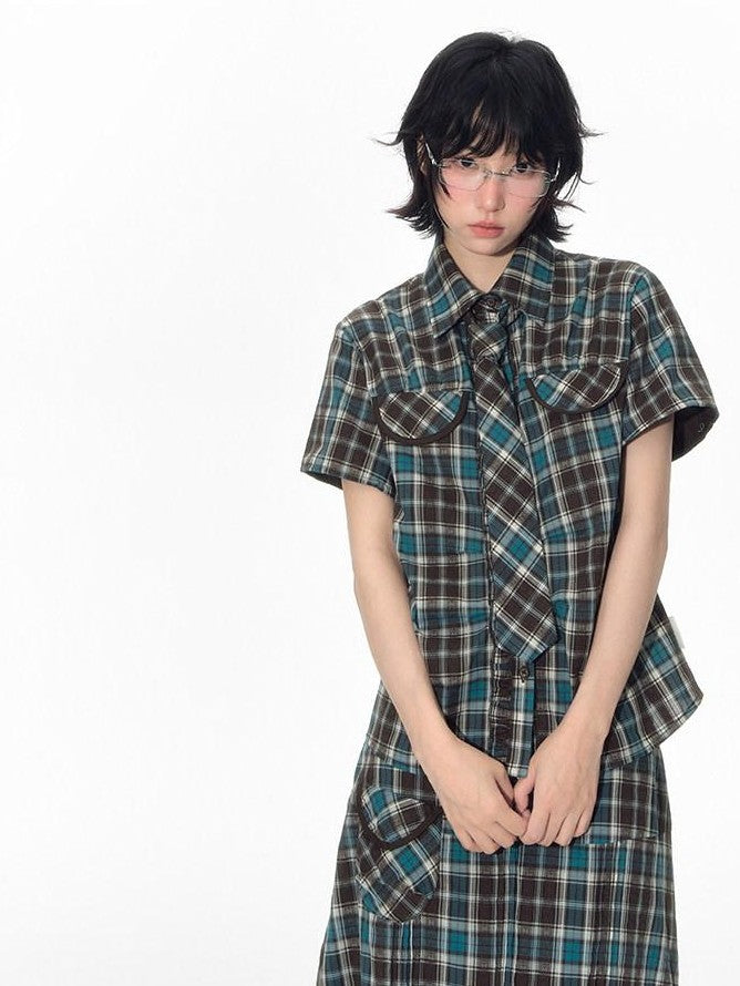 NAPSNAPS Plaid Pleated Short Sleeve College Women&