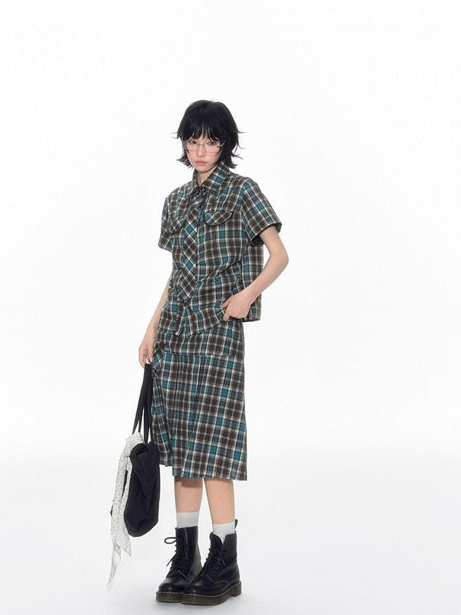 NAPSNAPS Plaid Pleated Short Sleeve College Women&