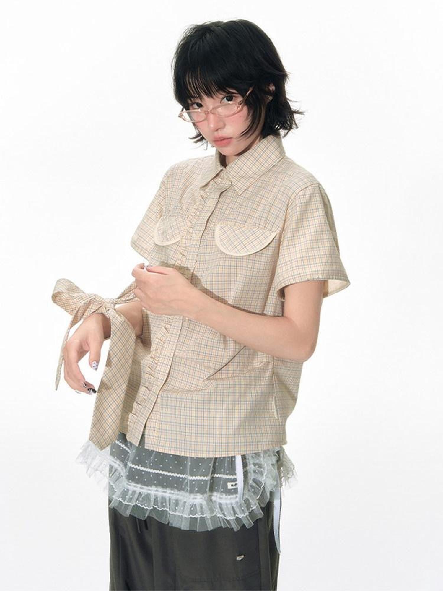 NAPSNAPS Plaid Pleated Short Sleeve College Women&