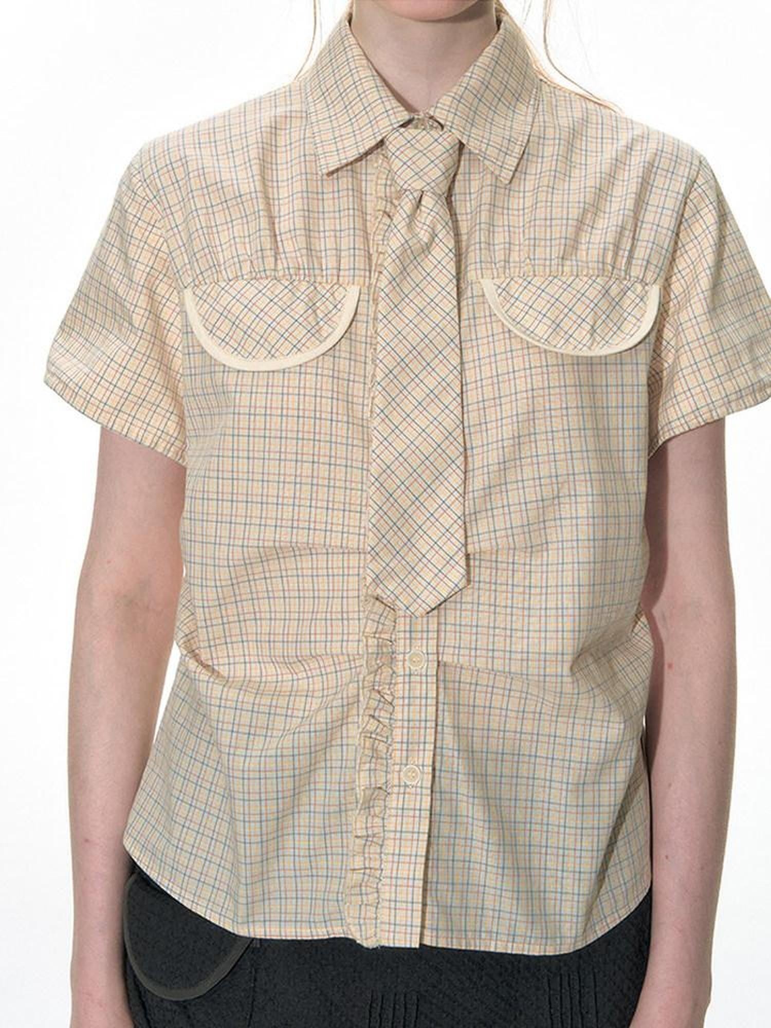 NAPSNAPS Plaid Pleated Short Sleeve College Women&