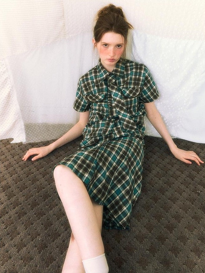 NAPSNAPS Plaid Pleated Short Sleeve College Women&
