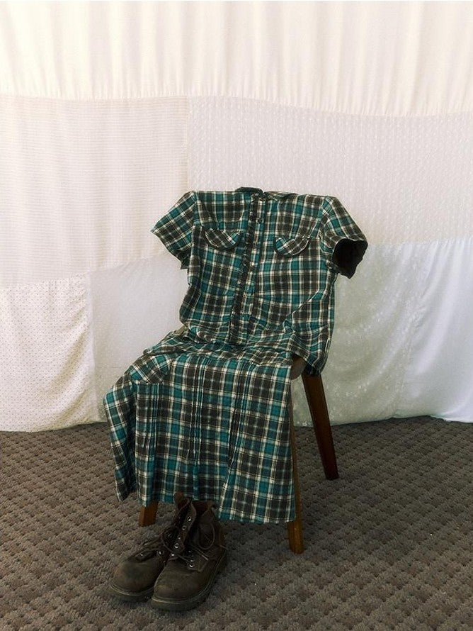 NAPSNAPS Plaid Pleated Short Sleeve College Women&