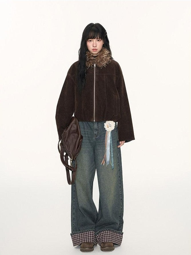 NAPSNAPS Plaid Reversible Stand Collar Zip Women&