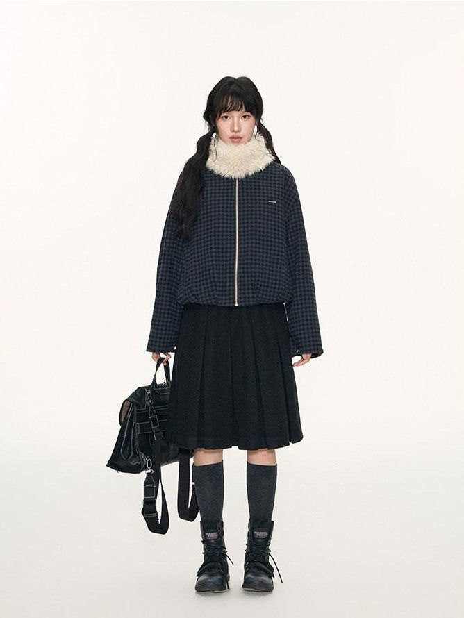 NAPSNAPS Plaid Reversible Stand Collar Zip Women&