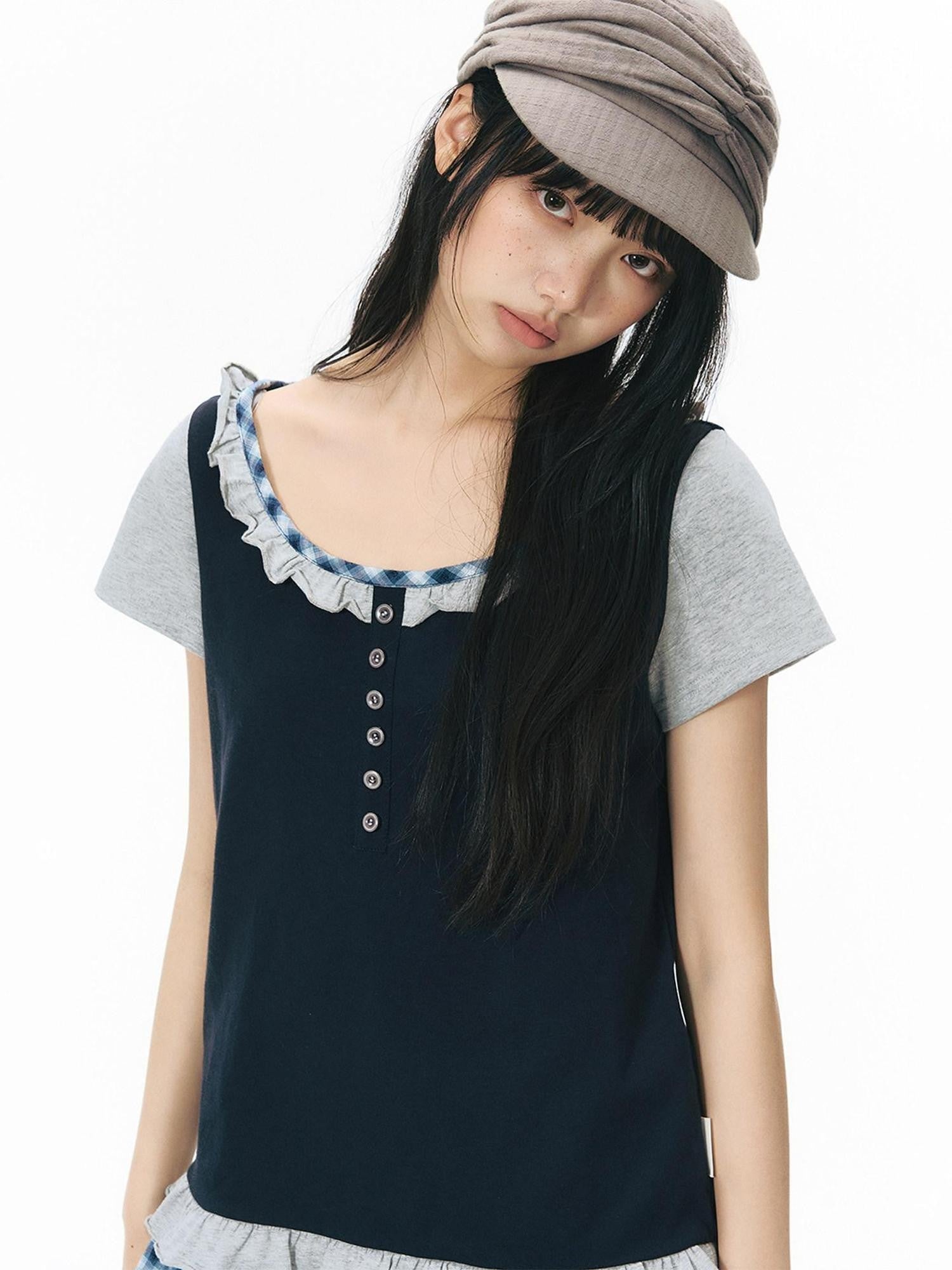 NAPSNAPS Plaid Splice Fake Two Piece Ruffle Women&