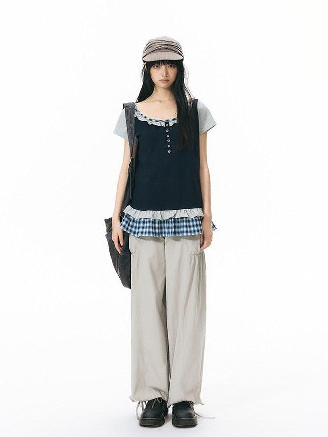 NAPSNAPS Plaid Splice Fake Two Piece Ruffle Women&