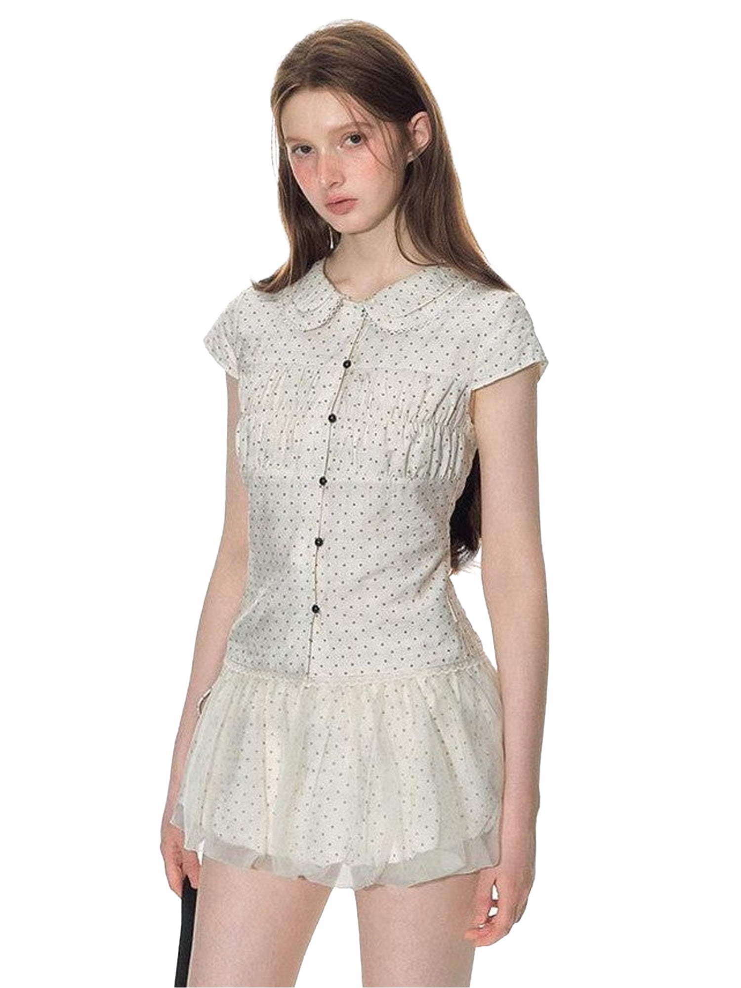 NAPSNAPS Polka Dot Double Layer Collar Spliced Slim Women&