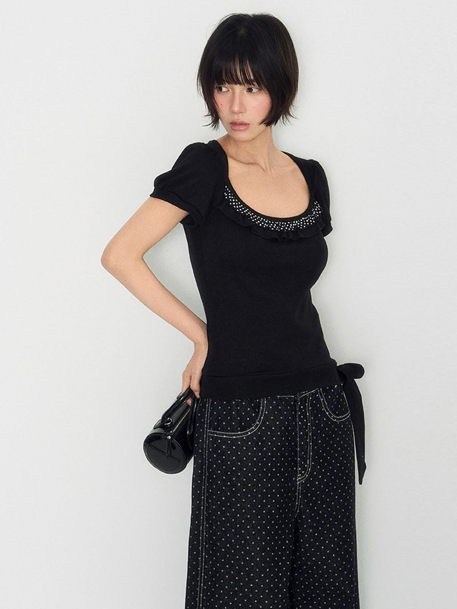 NAPSNAPS Polka Dot Lace Tie Low Neck Slim Women&