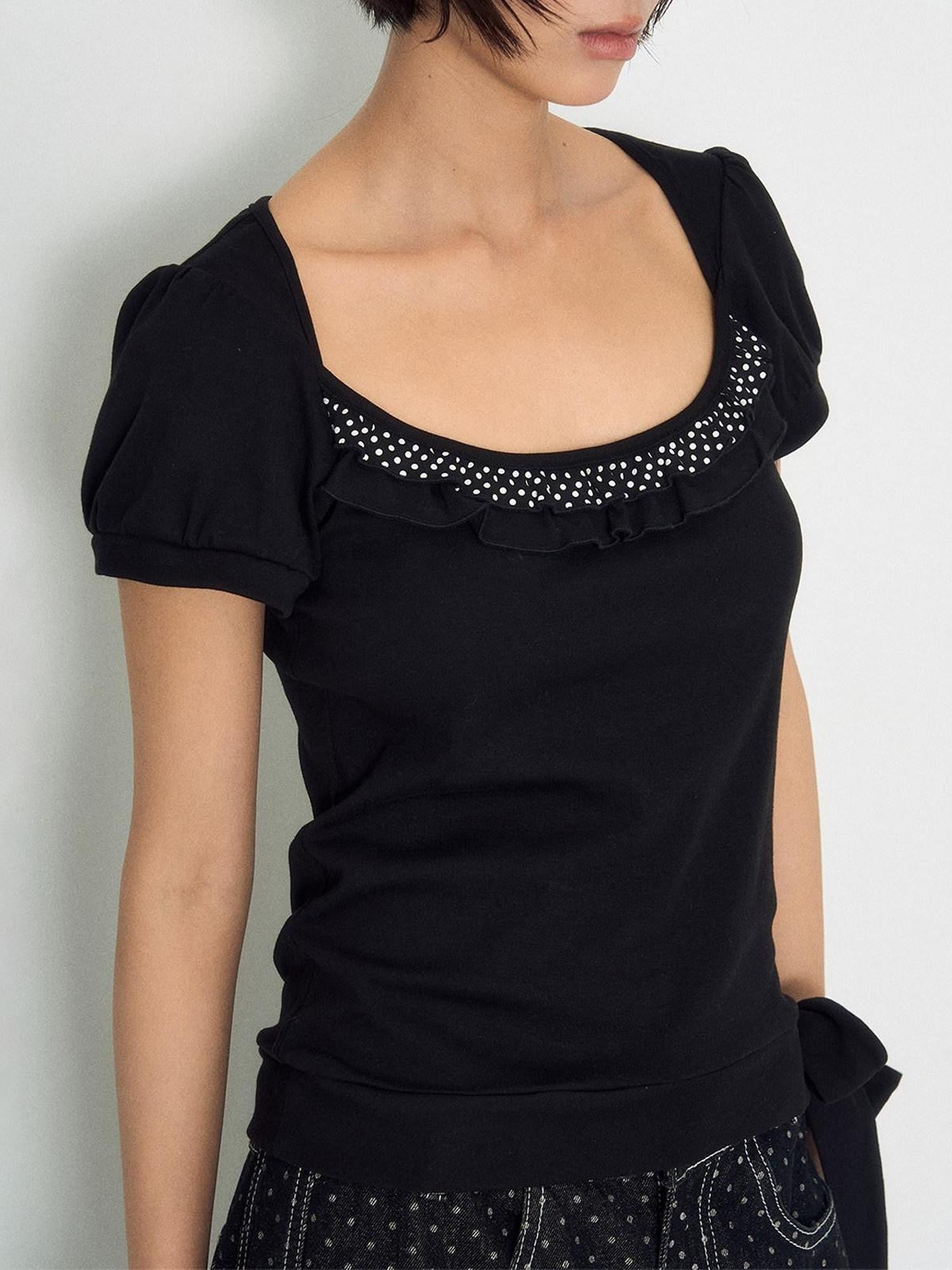 NAPSNAPS Polka Dot Lace Tie Low Neck Slim Women&