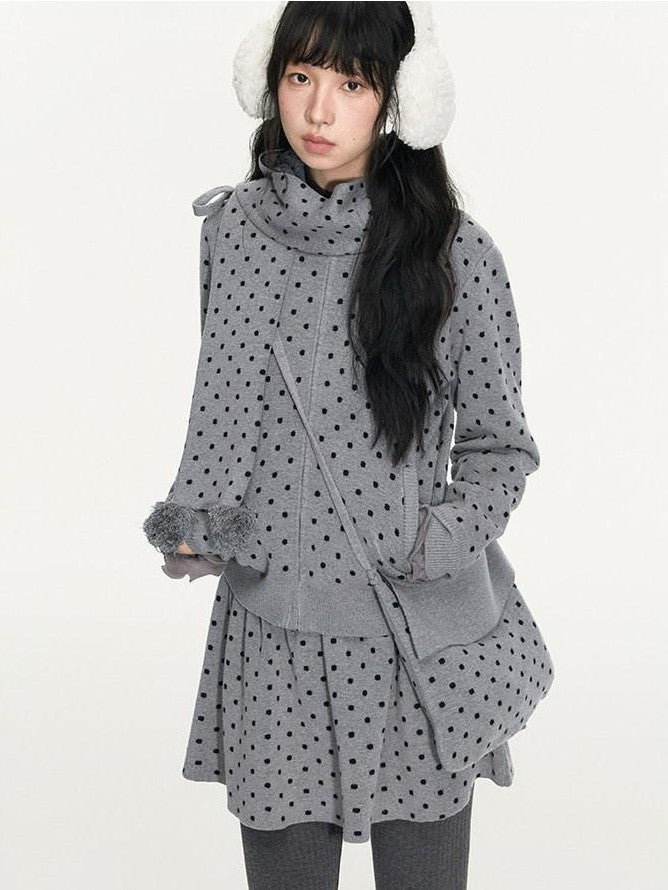 NAPSNAPS Polka Dot Pom Pom Knitted Double Layer Women&