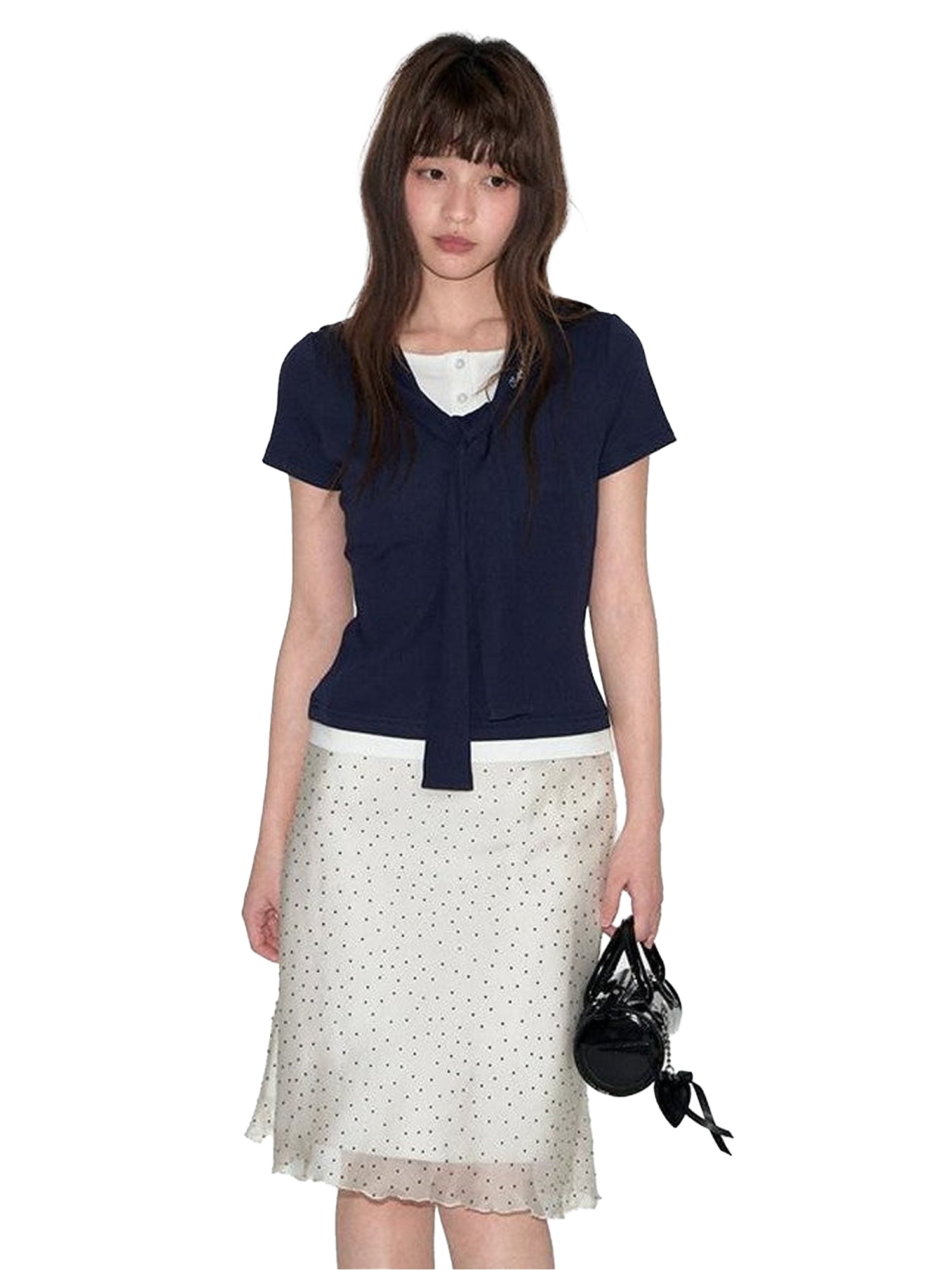 NAPSNAPS Polka Dot Print Lace A Line Mid Waist Women&