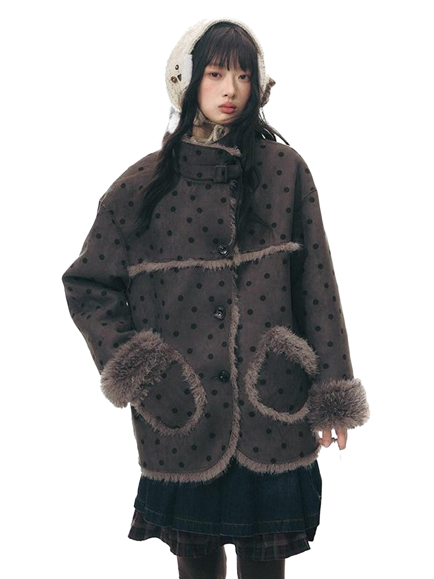 NAPSNAPS Polka Dot Reversible Stand Collar Patch Hem Women&
