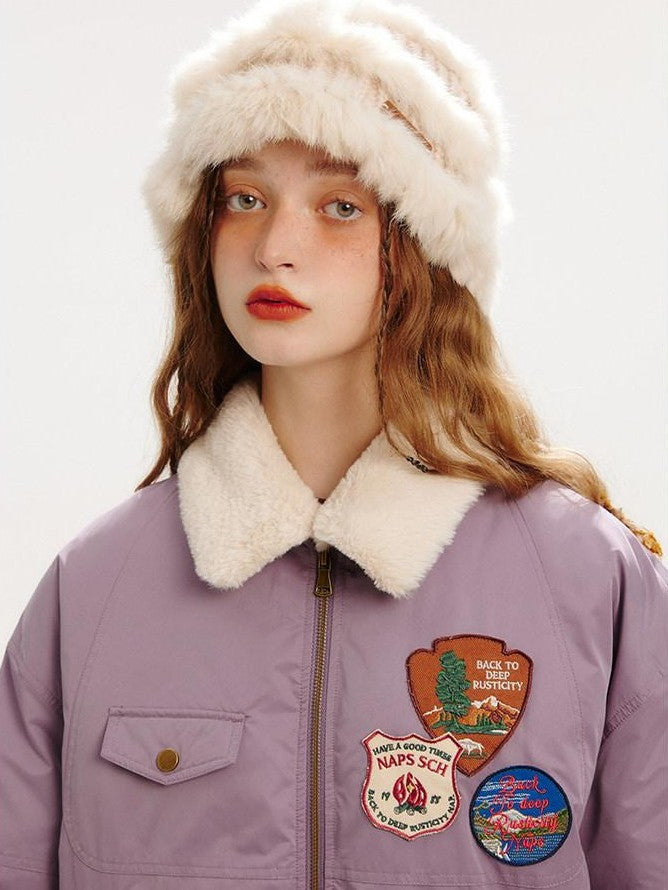 NAPSNAPS Purple Gray Fur Collar Detachable Hood Women&