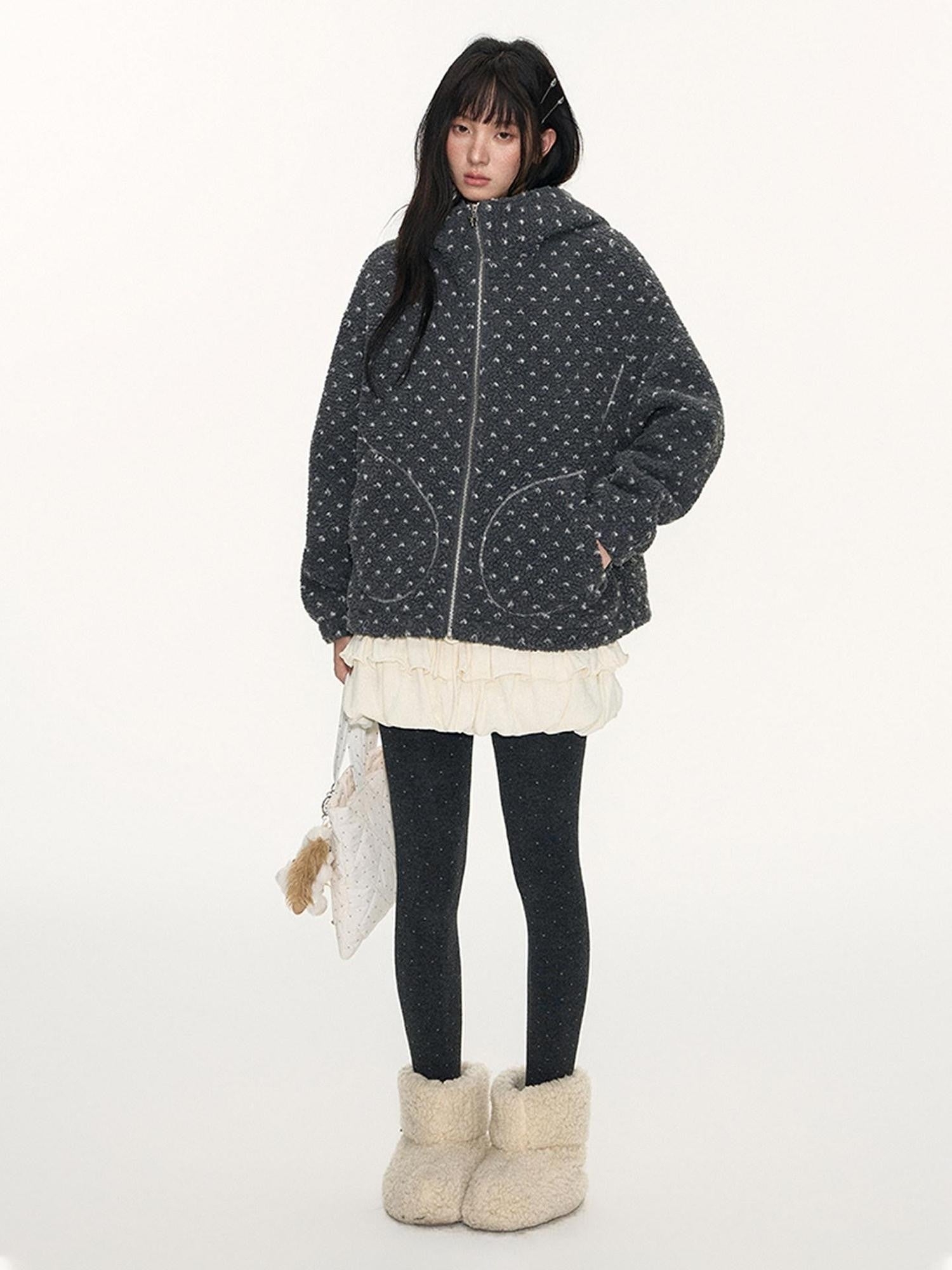NAPSNAPS Rabbit Ear Polka Dot Sherpa Zip Drawstring Women&