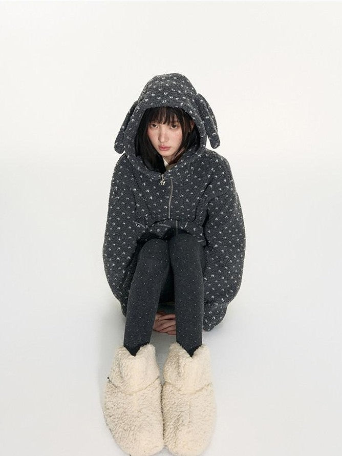 NAPSNAPS Rabbit Ear Polka Dot Sherpa Zip Drawstring Women&
