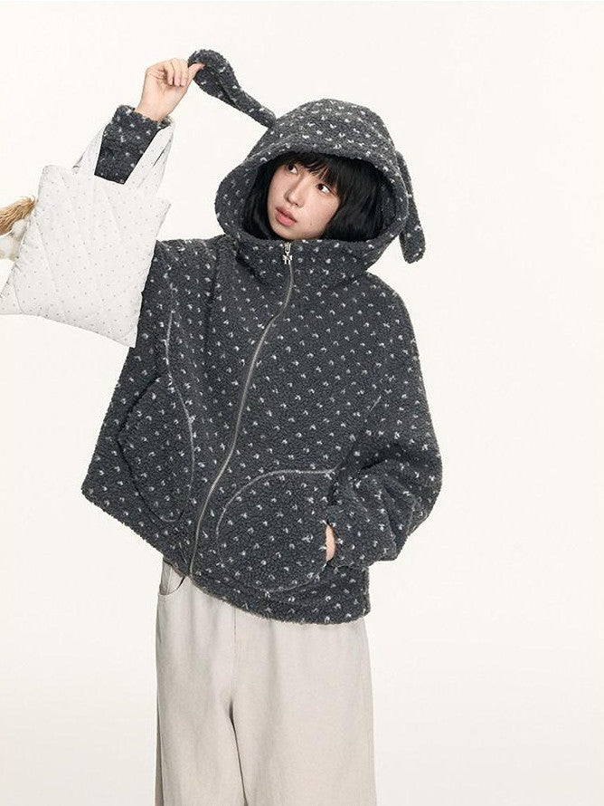 NAPSNAPS Rabbit Ear Polka Dot Sherpa Zip Drawstring Women&