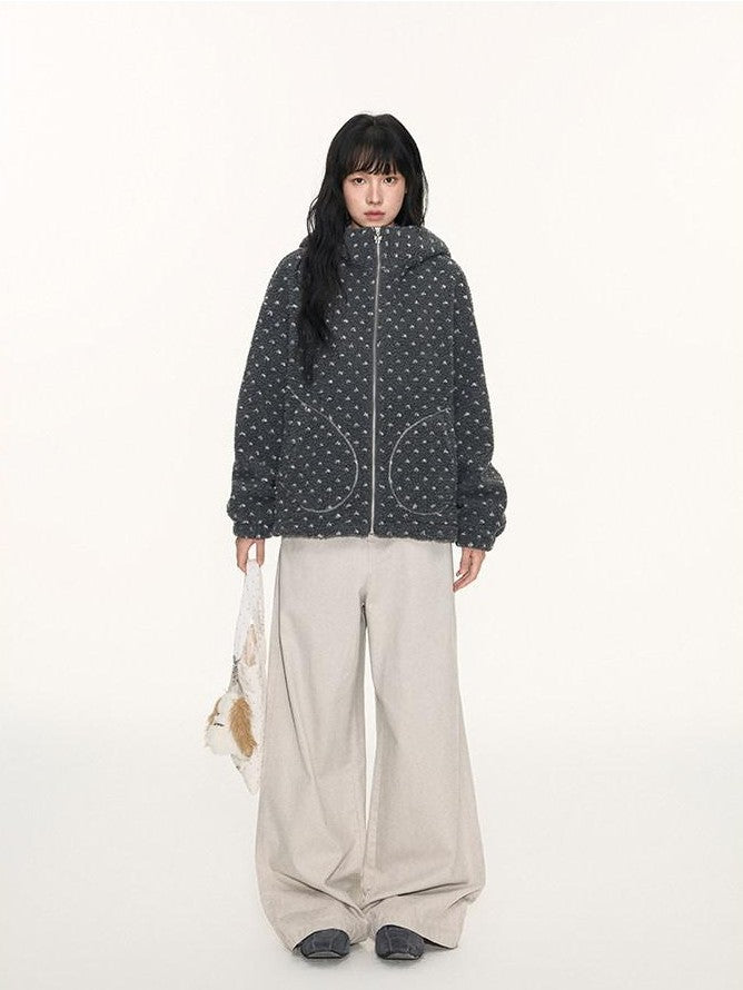 NAPSNAPS Rabbit Ear Polka Dot Sherpa Zip Drawstring Women&