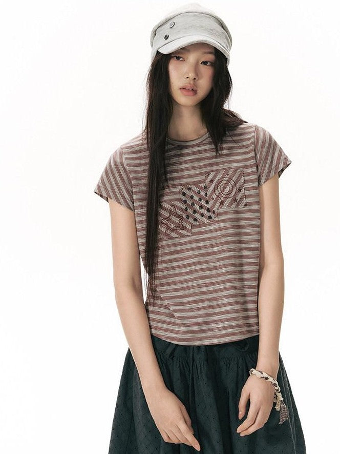 NAPSNAPS Red Coffee Striped Applique Flutter Women&