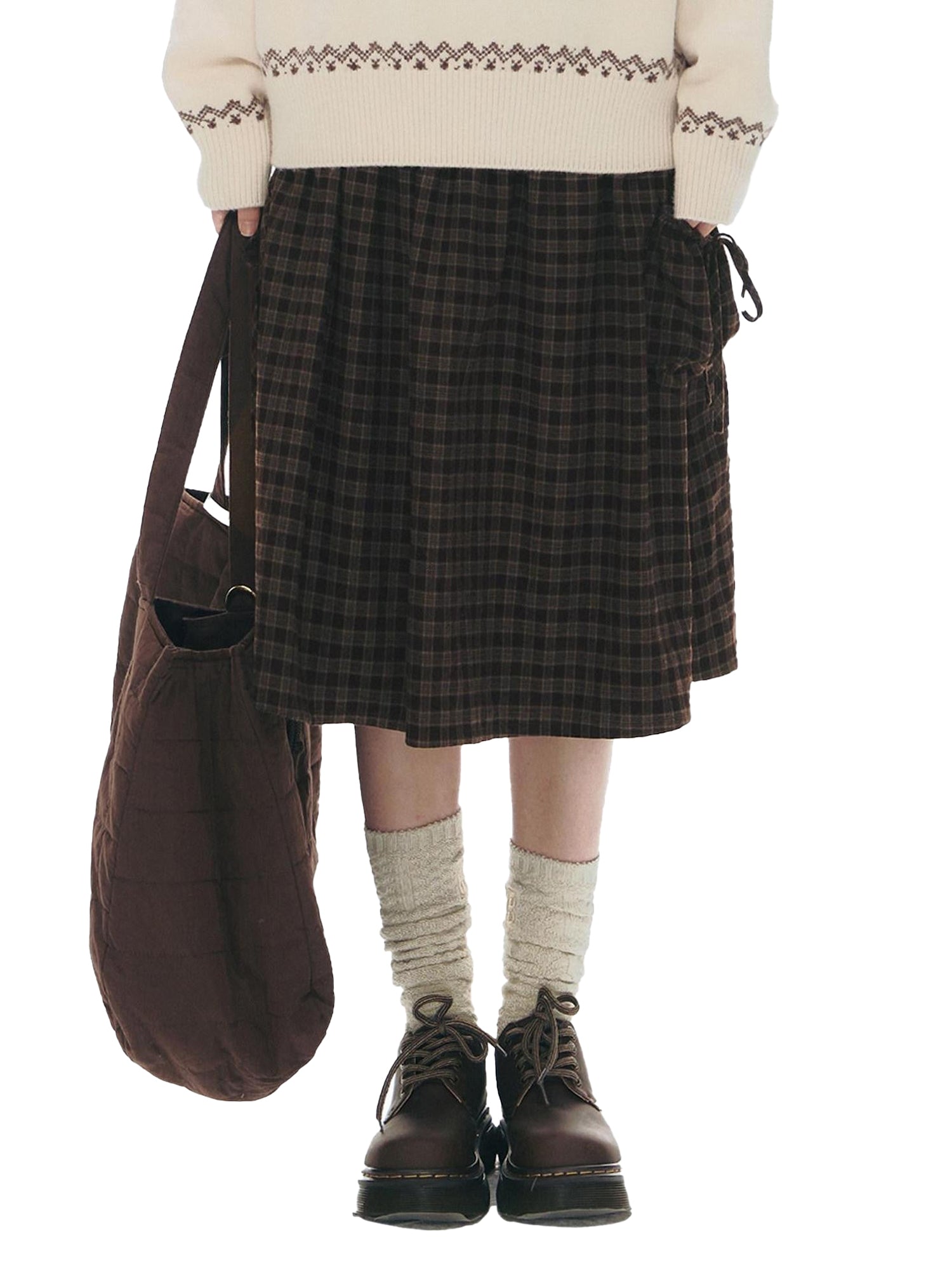 NAPSNAPS Red Plaid Large Pocket Patchwork Pleated Waist Women&