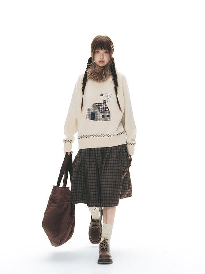 NAPSNAPS Red Plaid Large Pocket Patchwork Pleated Waist Women&