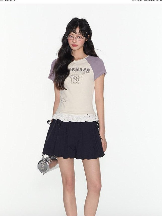 NAPSNAPS Retro Colorblock Raglan Letter Print Women&