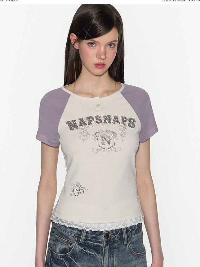 NAPSNAPS Retro Colorblock Raglan Letter Print Women&
