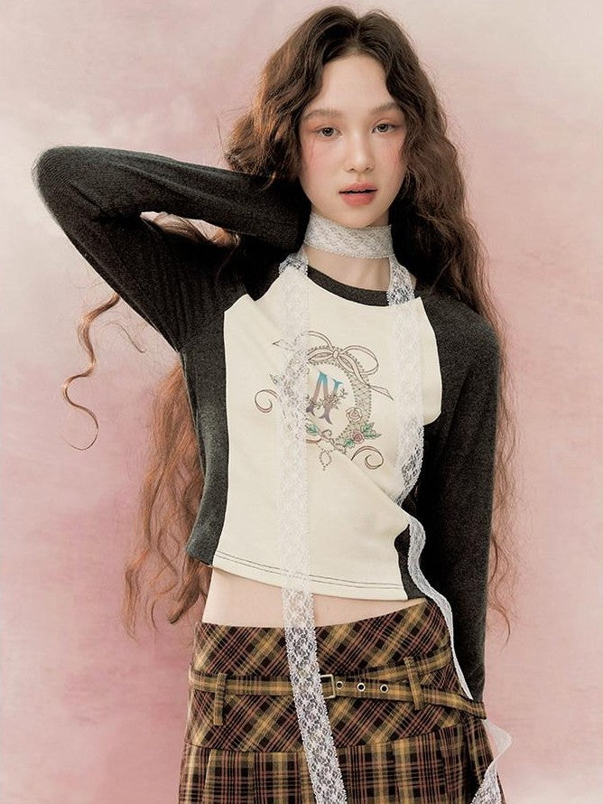 NAPSNAPS Retro Colorblock Raglan Print Crop Women&