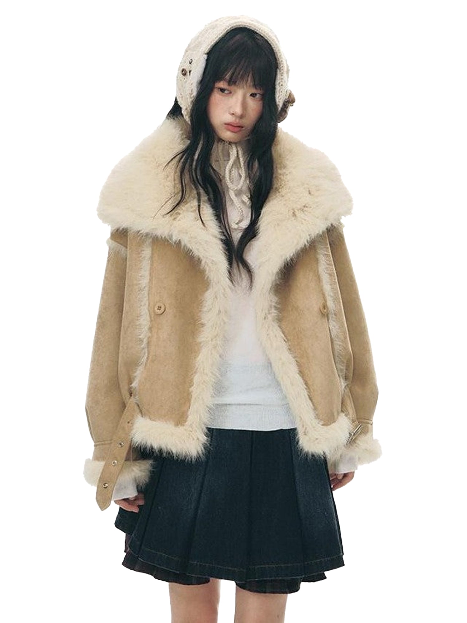 NAPSNAPS Retro Double Breasted Faux Shearling Women&