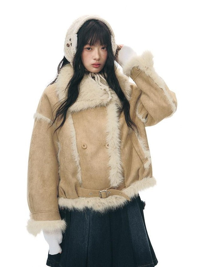 NAPSNAPS Retro Double Breasted Faux Shearling Women&