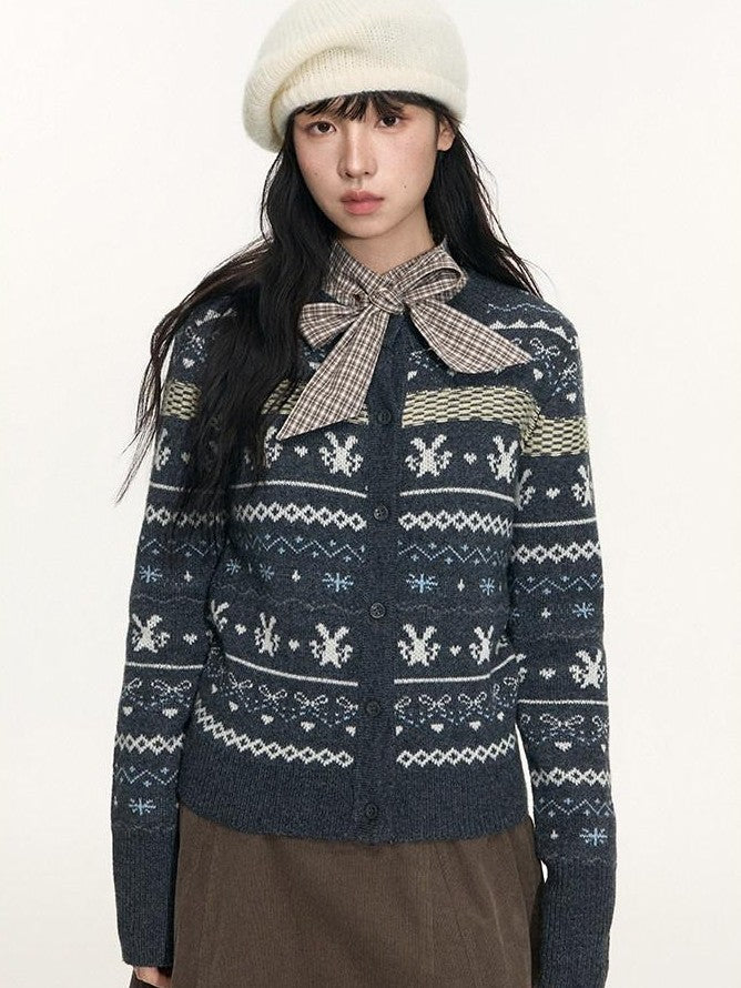 NAPSNAPS Retro Fair Isle Jacquard Bow Button Women&