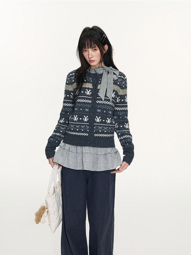NAPSNAPS Retro Fair Isle Jacquard Bow Button Women&