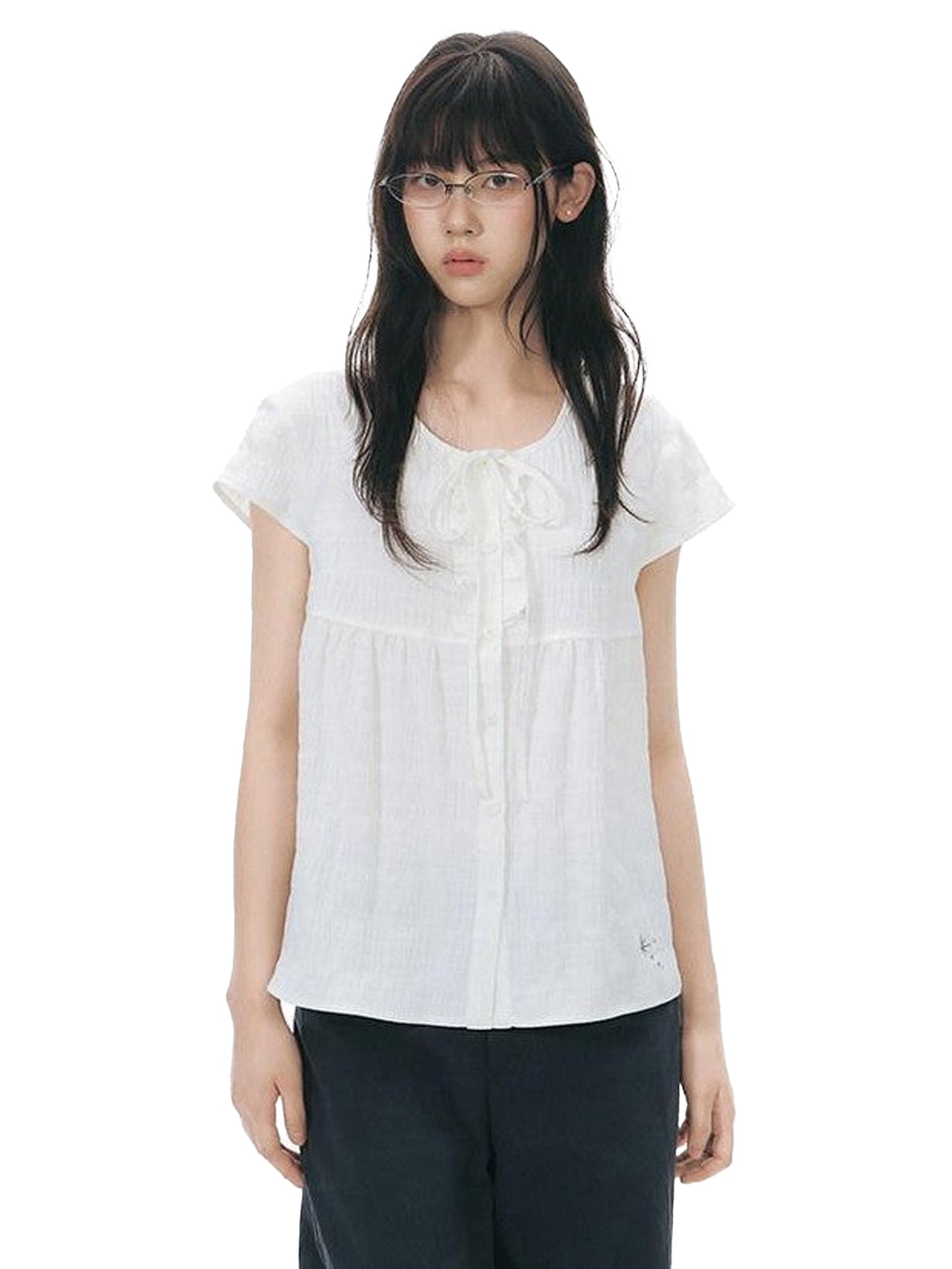 NAPSNAPS Ruffle Embroidered Tie Round Neck Women&