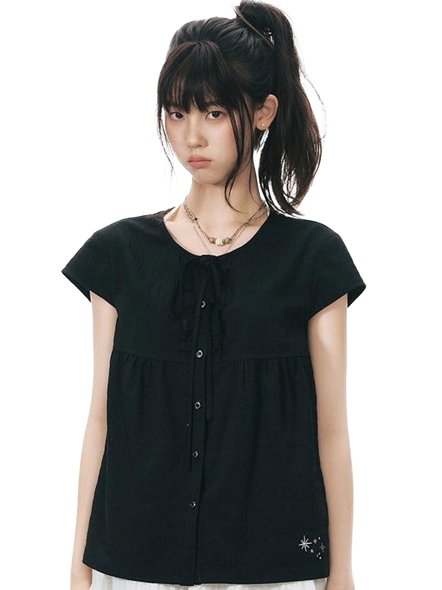 NAPSNAPS Ruffle Embroidered Tie Round Neck Women&