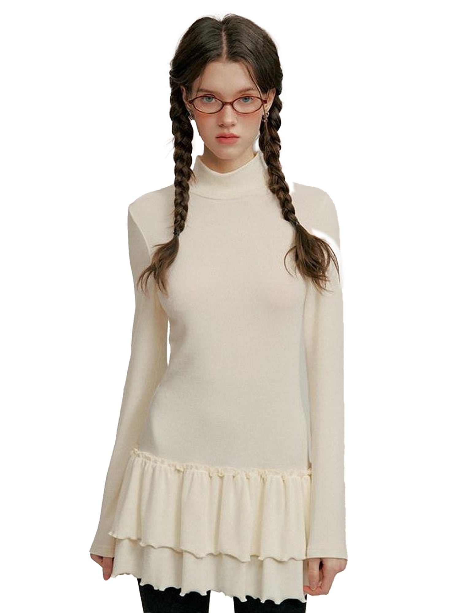 NAPSNAPS Ruffle Hem Pleated Slim Fit Turtleneck Women&