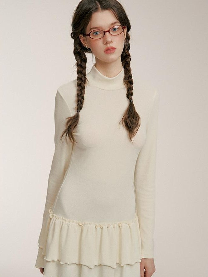 NAPSNAPS Ruffle Hem Pleated Slim Fit Turtleneck Women&