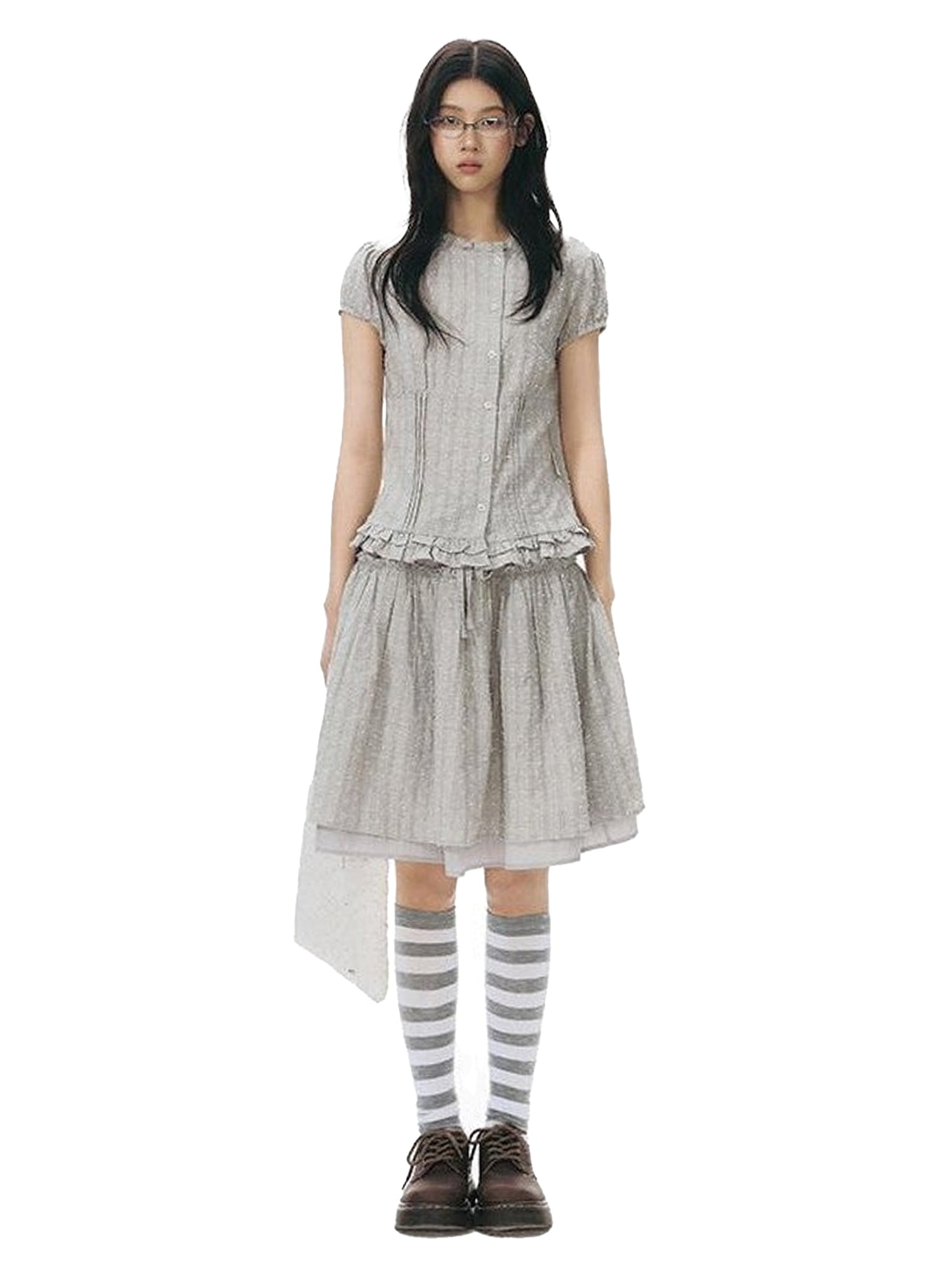 NAPSNAPS Ruffle Trim Cinched Waist Puff Sleeve Women&