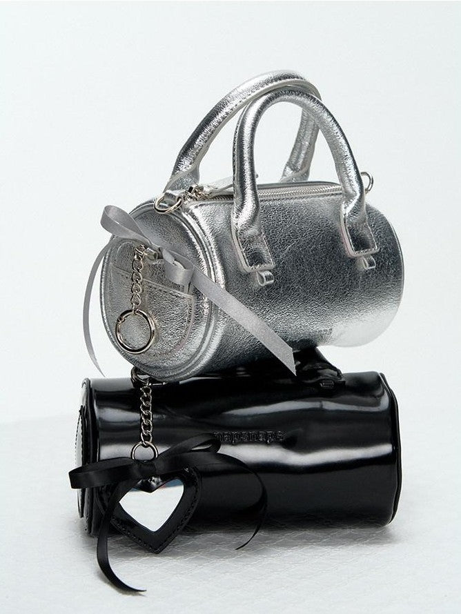 NAPSNAPS Silver Heart Pendant Cylinder Zip Round Bucket Women&