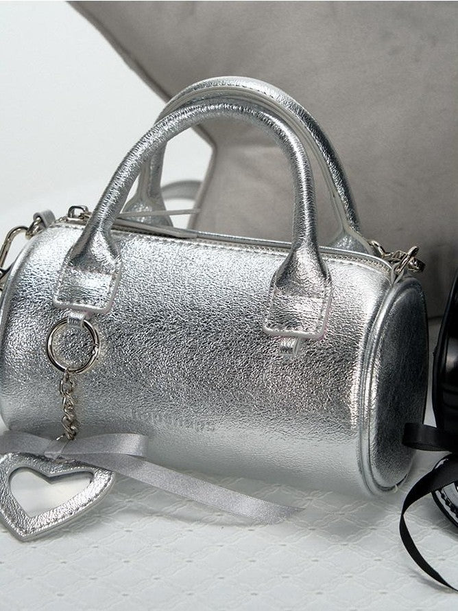 NAPSNAPS Silver Heart Pendant Cylinder Zip Round Bucket Women&