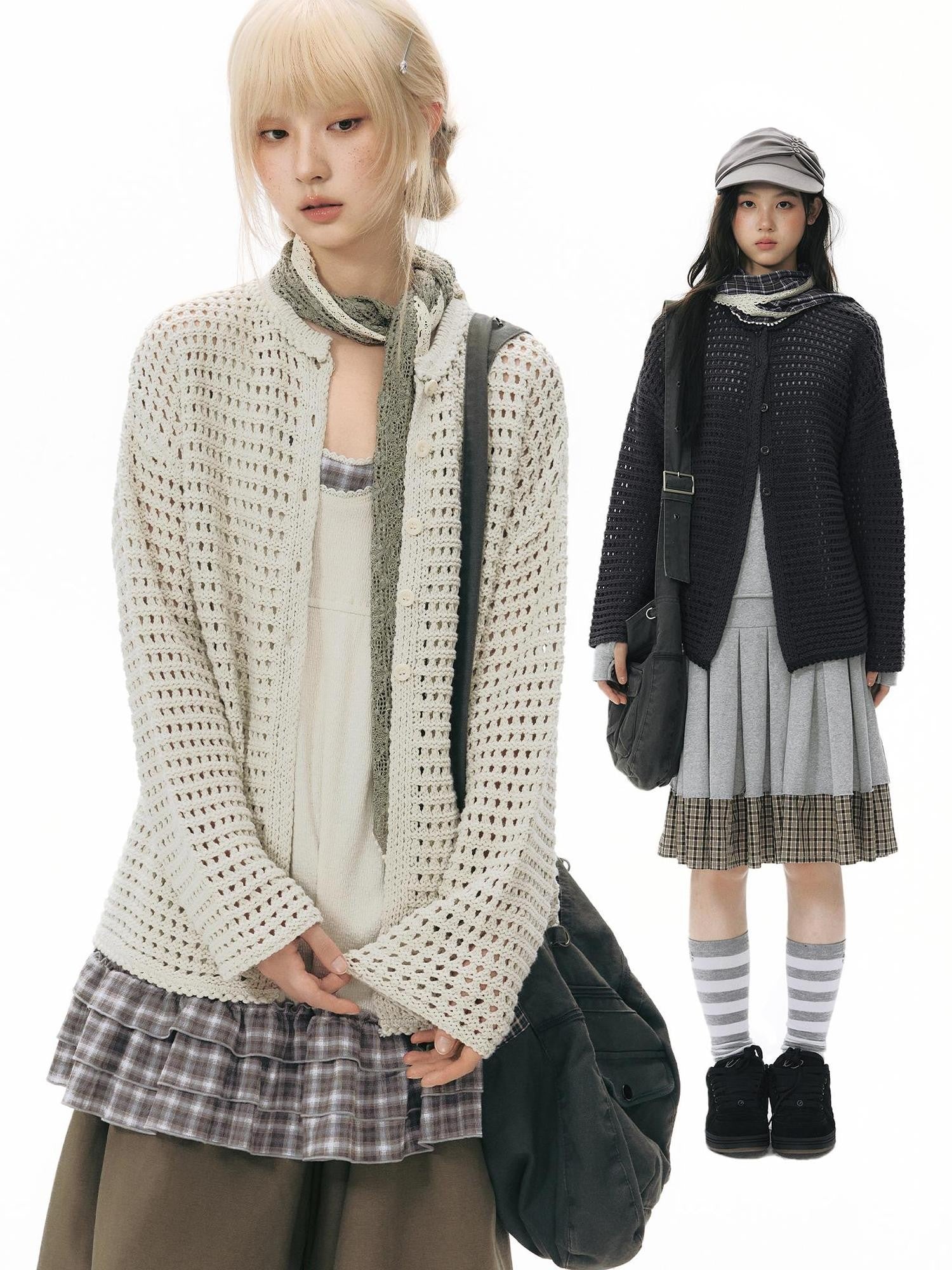 NAPSNAPS Solid Girlish Openwork Knit Crewneck Buttoned Women&