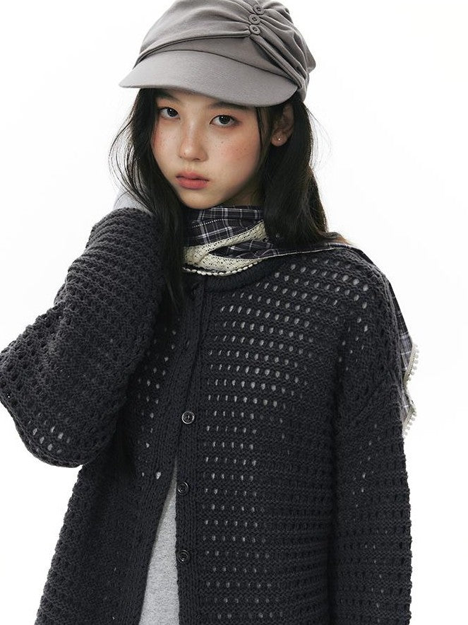NAPSNAPS Solid Girlish Openwork Knit Crewneck Buttoned Women&