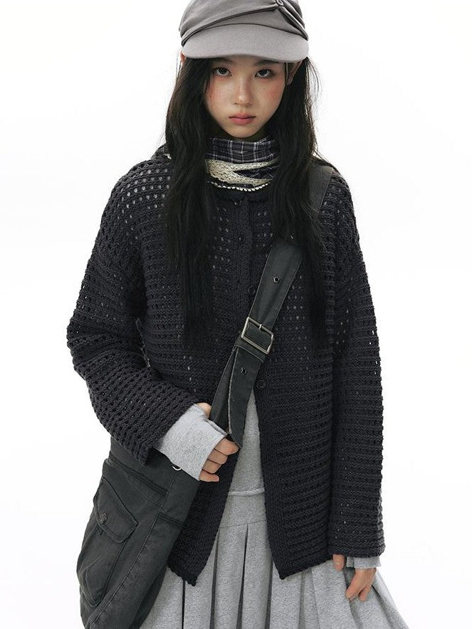 NAPSNAPS Solid Girlish Openwork Knit Crewneck Buttoned Women&